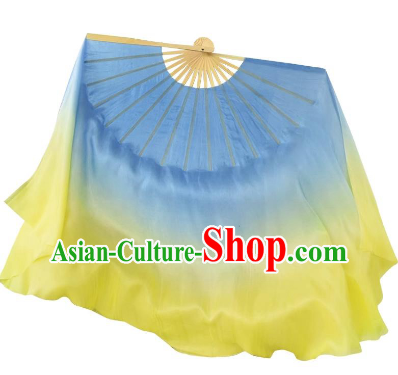 China Handmade Gradient Giant Blue to Yellow Pure Silk Fan Yangko Dance Ribbon Fan Classical Dance Folding Fan China Handmade Gradient Giant Blue to Yellow Pure Silk Fan Yangko Dance Ribbon Fan Classical Dance Folding Fan