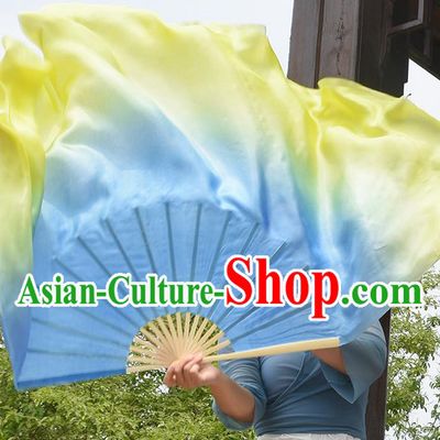 China Handmade Gradient Giant Blue to Yellow Pure Silk Fan Yangko Dance Ribbon Fan Classical Dance Folding Fan