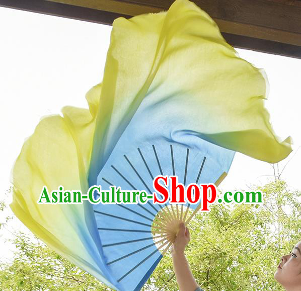 China Handmade Gradient Giant Blue to Yellow Pure Silk Fan Yangko Dance Ribbon Fan Classical Dance Folding Fan China Handmade Gradient Giant Blue to Yellow Pure Silk Fan Yangko Dance Ribbon Fan Classical Dance Folding Fan