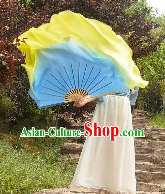 China Handmade Gradient Giant Blue to Yellow Pure Silk Fan Yangko Dance Ribbon Fan Classical Dance Folding Fan China Handmade Gradient Giant Blue to Yellow Pure Silk Fan Yangko Dance Ribbon Fan Classical Dance Folding Fan