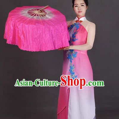 China Women Group Dancing Folding Fan Handmade Megenta Pure Silk Fan Jiaozhou Yangko Dance Circular Fan
