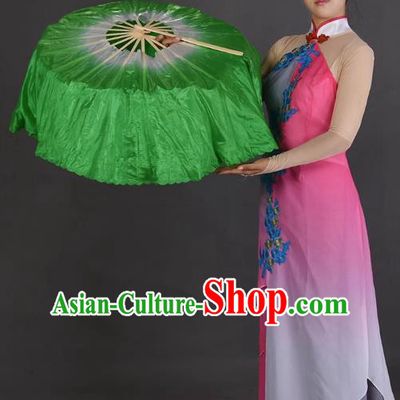 China Jiaozhou Yangko Dance Circular Fan Women Group Dancing Folding Fan Handmade Green Pure Silk Fan