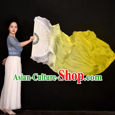 China Women Group Dancing Long Ribbon Fan Handmade Gradient White to Yellow Pure Silk Fan Jiaozhou Yangko Dance Folding Fan