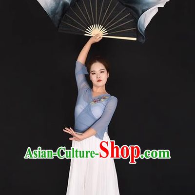 Women Group Dance Fan China Handmade Pure Silk Fan Yangko Dance Black Fan Classical Dance Ribbon Fan