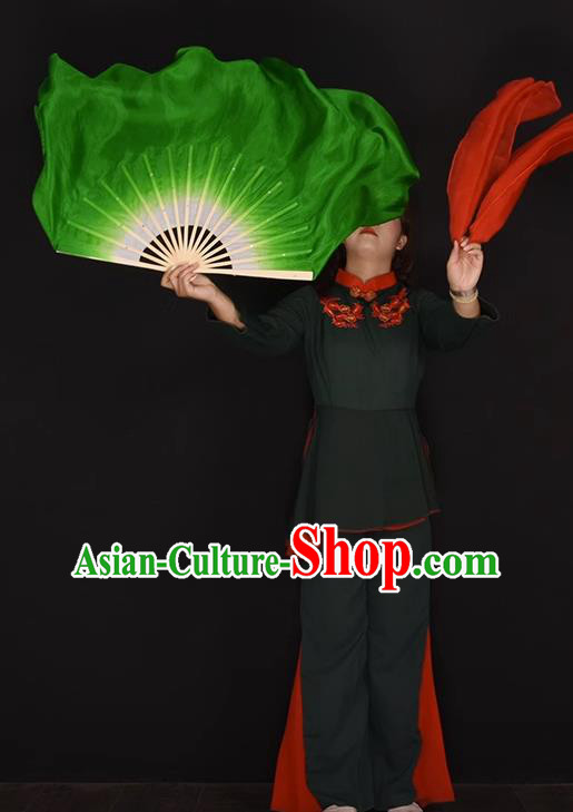 China Handmade Pure Silk Fan Yangko Dance Fan Classical Dance Green Ribbon Fan Women Group Dance Fan China Handmade Pure Silk Fan Yangko Dance Fan Classical Dance Green Ribbon Fan Women Group Dance Fan