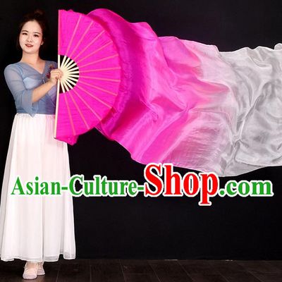 China Women Group Dance Fan Handmade Pure Silk Fan Yangko Dance Fan Classical Dance Gradient Pink Long Ribbon Fan