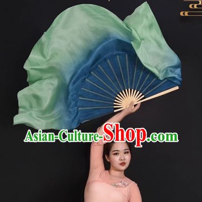 China Classical Dance Fan Jiaozhou Yangko Dance Silk Fan Handmade Blue to Green Ribbon Fan