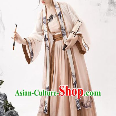 China Song Dynasty Young Lady Ink Painting Clothing Ancient Young Woman Costumes Traditional Hanfu Cape Tube Top and Skirt Complete Set