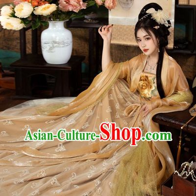 China Ancient Magnificent Concubine Yang Costumes Traditional Golden Hanfu Tang Dynasty Empress Embroidered Clothing