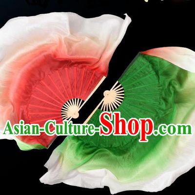Handmade Double Side Red and Green Fan China Classical Dance Ribbon Fan Jiaozhou Yangko Dance Silk Fan