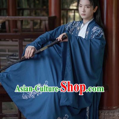 China Ancient Swordsman Embroidered Costumes Male Deep Blue Hanfu Jin Dynasty Young Childe Clothing