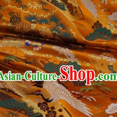 Orange Japanese Kimono Drapery Traditional Brocade Fabric Classical Crane Pattern Design Nishijin Cloth