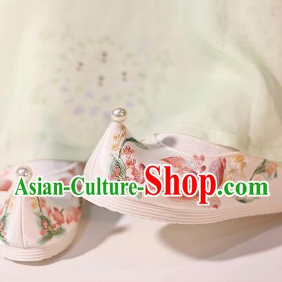 China Handmade White Shoes Ming Dynasty Princess Pearls Shoes Traditional Hanfu Embroidered Shoes