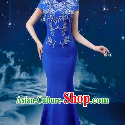 Blue Choir Costumes Femininity Stage Performance Costumes Conductor Catwalk Cheongsam Skirt Fishtail Blue and White Porcelain Dress