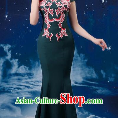 Dark Green Choir Costume Femininity Stage Performance Costume Conductor Catwalk Cheongsam Skirt Fishtail Blue and White Porcelain Dress