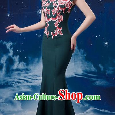 Dark Green Choir Costume Femininity Stage Performance Costume Conductor Catwalk Cheongsam Skirt Fishtail Blue and White Porcelain Dress