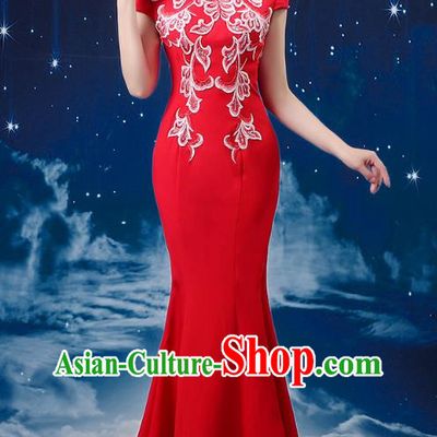 Red Choir Costume Femininity Stage Performance Costume Conductor Catwalk Cheongsam Skirt Fishtail Blue and White Porcelain Dress