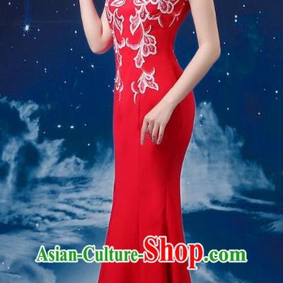 Red Choir Costume Femininity Stage Performance Costume Conductor Catwalk Cheongsam Skirt Fishtail Blue and White Porcelain Dress