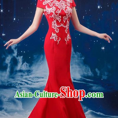 Red Choir Costume Femininity Stage Performance Costume Conductor Catwalk Cheongsam Skirt Fishtail Blue and White Porcelain Dress