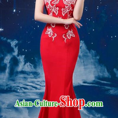 Red Choir Costume Femininity Stage Performance Costume Conductor Catwalk Cheongsam Skirt Fishtail Blue and White Porcelain Dress