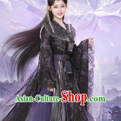 Xianxia TV Series The Starry Love Princess Liguang Qing Kui Clothing Chinese Ancient Empress Black Dress Costumes