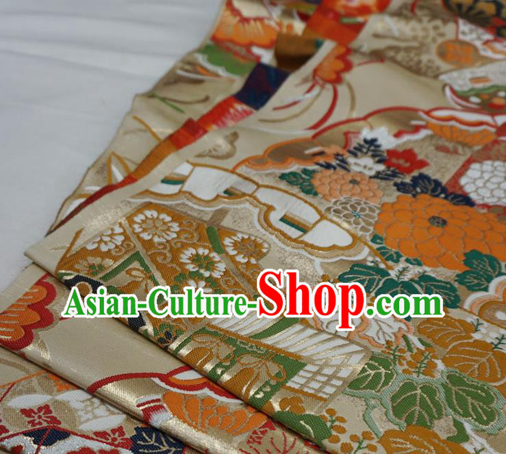 Light Golden Japanese Nishijin Cloth Kimono Material Traditional Brocade Fabric Light Golden Japanese Nishijin Cloth Kimono Material Traditional Brocade Fabric