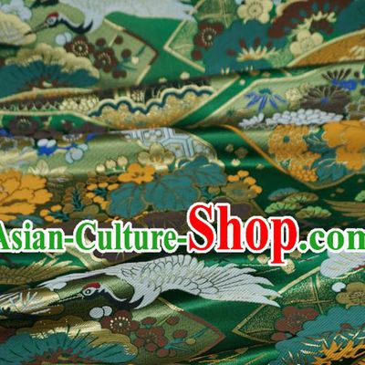 Green Japanese Classical Crane Pattern Design Nishijin Cloth Kimono Drapery Traditional Brocade Fabric