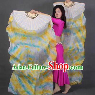Handmade Classical Dance White Fan Tie Dye Belly Dance Fan Top Pure Silk Long Ribbon Fan