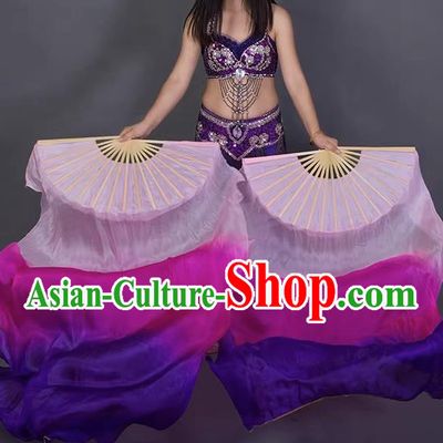 China Classical Dance Fan Top Belly Dance Long Ribbon Fan Handmade Gradient Pink to Purple Pure Silk Fan