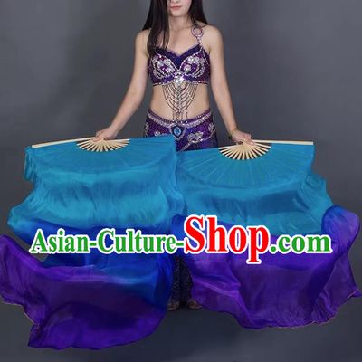 Handmade Gradient Blue to Purple Pure Silk Fan China Classical Dance Fan Top Belly Dance Long Ribbon Fan