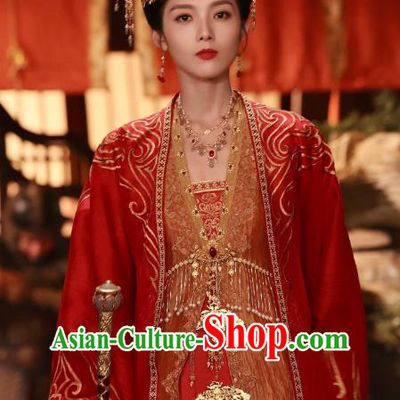 China Traditional Wedding Costumes Romantic Drama New Life Begins Ancient Princess Red Dress Clothing and Headdress Complete Set