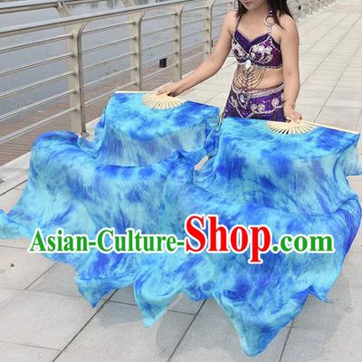 Professional Belly Dance Fan Oriental Dance Long Ribbon Fan Handmade Blue Pure Silk Fan