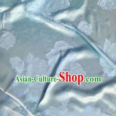 Light Blue China Cheongsam Mulberry Silk Material Jacquard Satin Fabric Traditional Peony Design Cloth