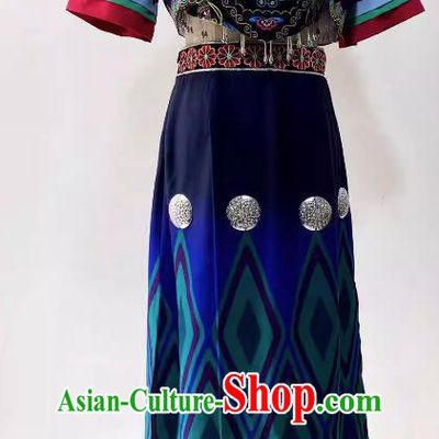 China Ethnic Dance Dark Blue Outfit Women Group Dance Clothing Yi Nationality Stage Performance Costume