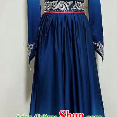China Ethnic Dance Blue Dress Mongolian Woman Solo Dancing Clothing Professional Mongol Nationality Stage Performance Costume