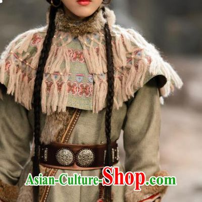 China Ancient Ethnic Lady Garment Costumes Mystery Drama Young Blood Swordswoman Pei Jing Clothing and Hair Jewelries Complete Set