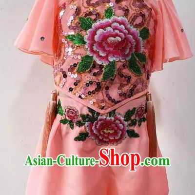 Chinese Children Folk Dance Pink Outfit Yangko Dance Costume Top Stage Performance Clothing