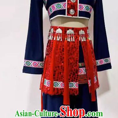 Chinese Ethnic Woman Dance Costume Stage Performance Clothing Folk Dance Dark Blue Outfit