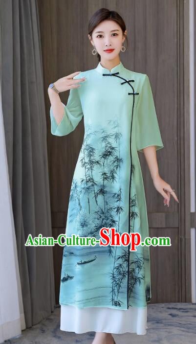 Chinese Style Printing Bamboo Qipao Retro Aodai Dress National Cheongsam Dress Chinese Style Printing Bamboo Qipao Retro Aodai Dress National Cheongsam Dress