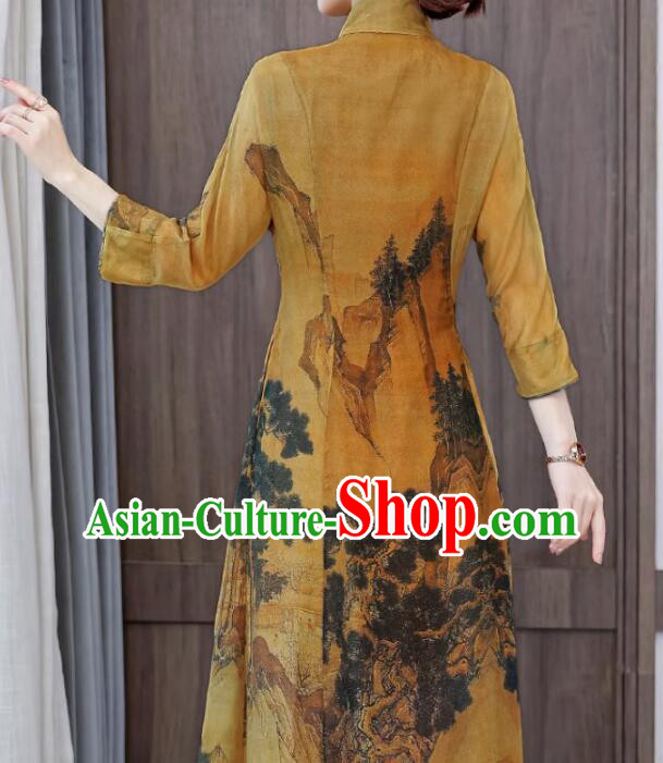 Chinese National Cheongsam Stand Collar Qipao Printing Aodai Dress Chinese National Cheongsam Stand Collar Qipao Printing Aodai Dress
