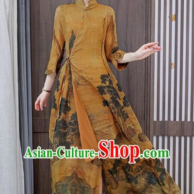 Chinese National Cheongsam Stand Collar Qipao Printing Aodai Dress