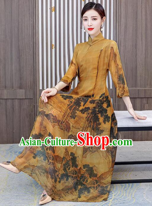 Chinese National Cheongsam Stand Collar Qipao Printing Aodai Dress Chinese National Cheongsam Stand Collar Qipao Printing Aodai Dress