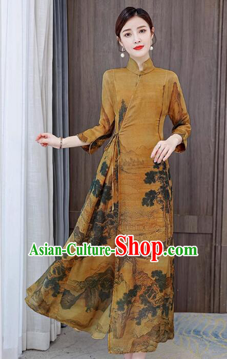 Chinese National Cheongsam Stand Collar Qipao Printing Aodai Dress Chinese National Cheongsam Stand Collar Qipao Printing Aodai Dress