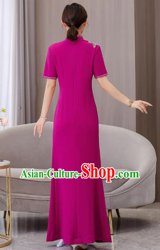Chinese Embroidered Peony Aodai Dress National Clothing Long Cheongsam Modern Fancywork Megenta Qipao Chinese Embroidered Peony Aodai Dress National Clothing Long Cheongsam Modern Fancywork Megenta Qipao