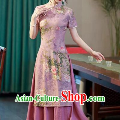 Chinese Classical Lilac Qipao Printing Aodai Dress National Clothing Cheongsam