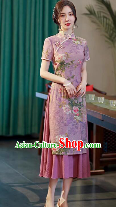 Chinese Classical Lilac Qipao Printing Aodai Dress National Clothing Cheongsam