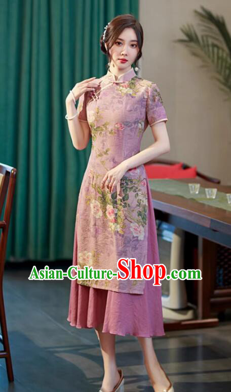 Chinese Classical Lilac Qipao Printing Aodai Dress National Clothing Cheongsam