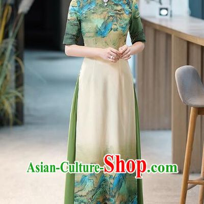 Chinese Classical Long Qipao Stage Aodai Dress National Clothing Blue Green Landscape Painting Cheongsam
