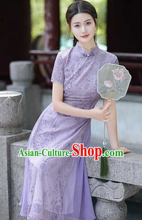 Chinese Summer Purple Cheongsam Classical Qipao Aodai Dress National Clothing Chinese Summer Purple Cheongsam Classical Qipao Aodai Dress National Clothing