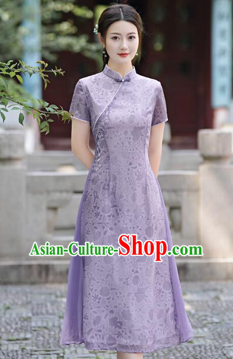 Chinese Summer Purple Cheongsam Classical Qipao Aodai Dress National Clothing Chinese Summer Purple Cheongsam Classical Qipao Aodai Dress National Clothing